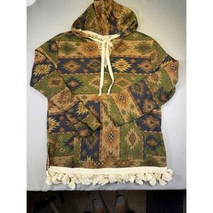 Entro Southwestern Flannel Top Tassels Hooded Drawstring‎ Pockets 100% Cotton M